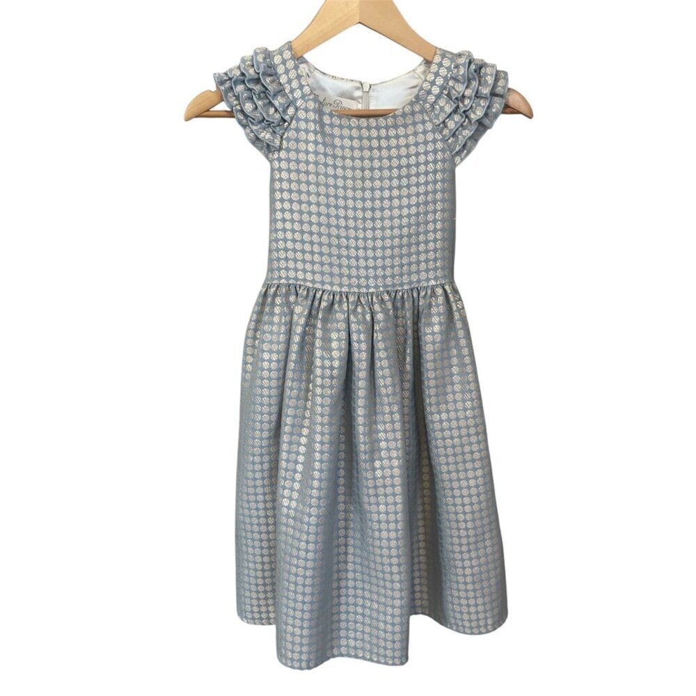 Couture Princess Sleeveless Dress Girls Size 8 Blue Gold Jacquard Ruffles Fancy